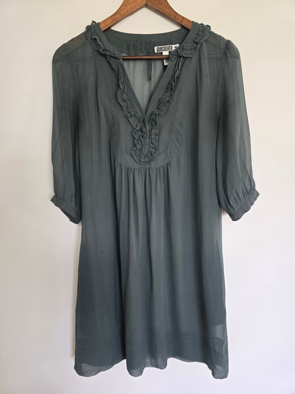 Quiksilver 100% Silk Polka Dot Ruffle Mini Dress Gray Size: L Sheer